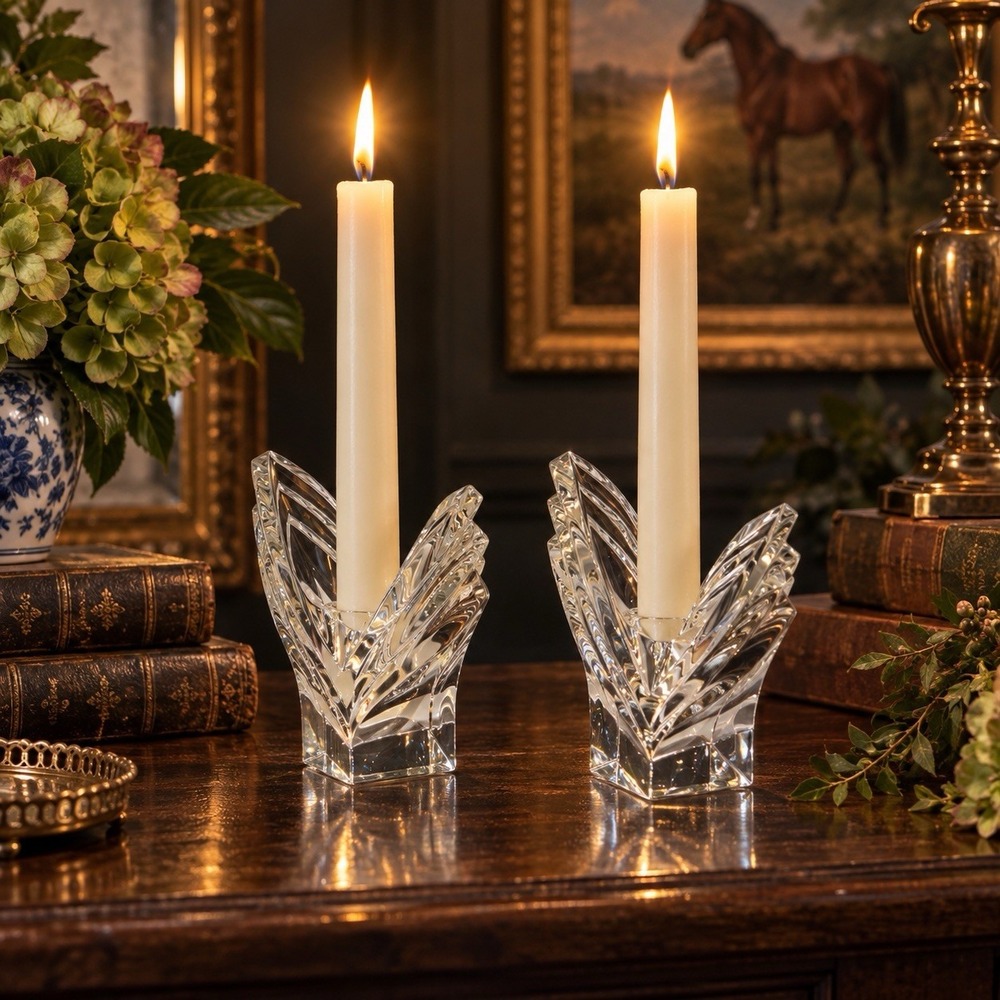 Mikasa Deco Crystal Candlestick Holders 5.5” Pair V-Shape Art Deco Japan Vintage